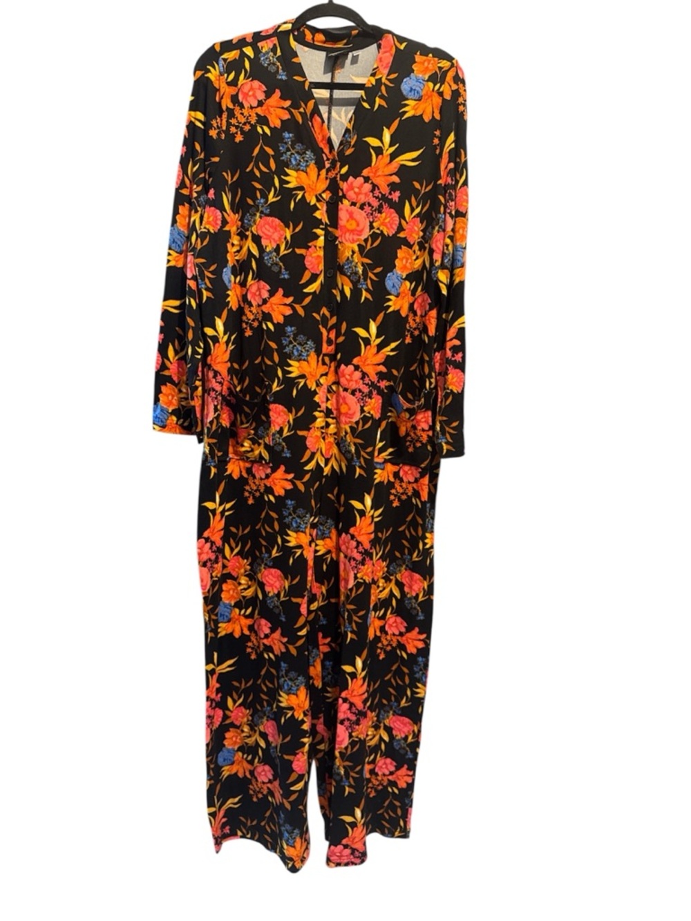 BumbleBella by Jill Martin Black Floral Jumpsuit/romper w/Orange & Pink Bloom L